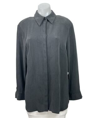 Due Per Due Women's Gray 100% Silk Long Sleeve Collared Button Down Shirt Sz 16W
